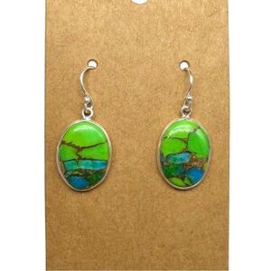 Kingman Mine Green Turquoise Oval Earrings Solid 925 Sterling Silver Dangle